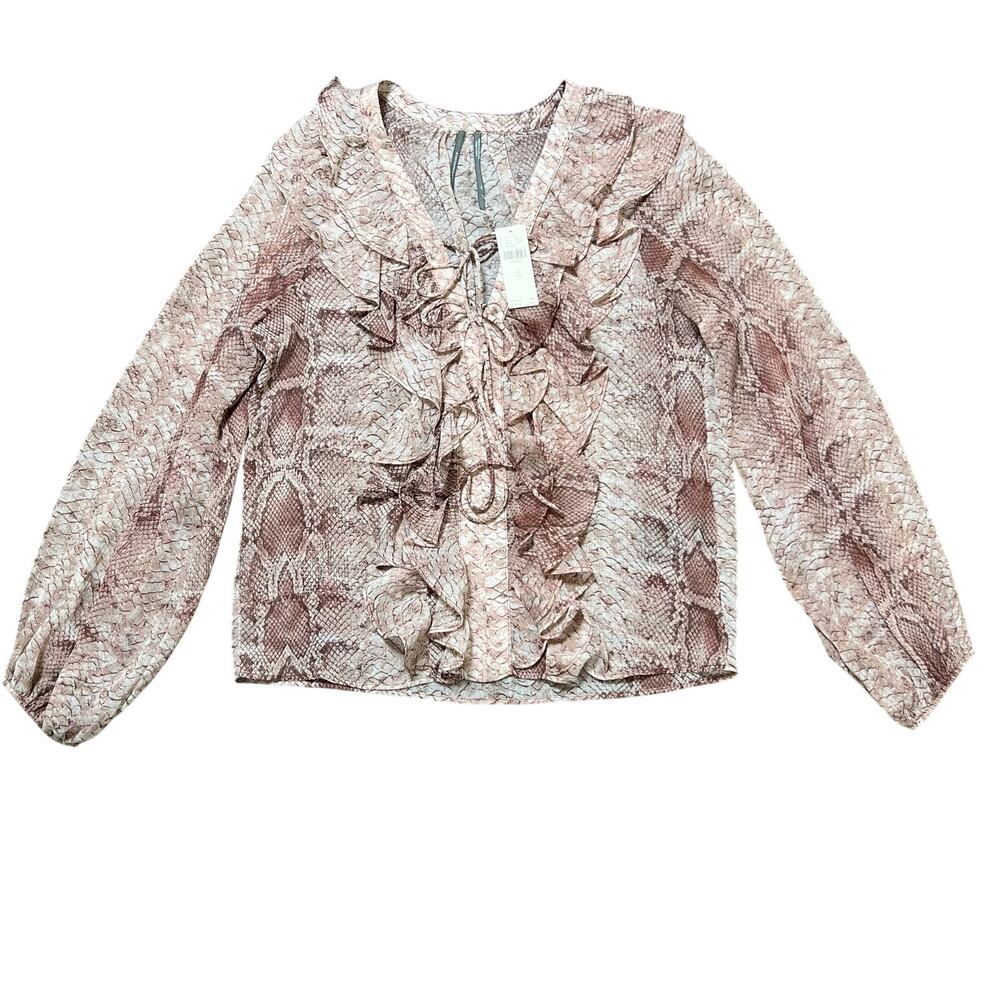 Anthropologie Women's Blouse XS Brown Ruffle Snakeskin Print - Picture 2 of 8